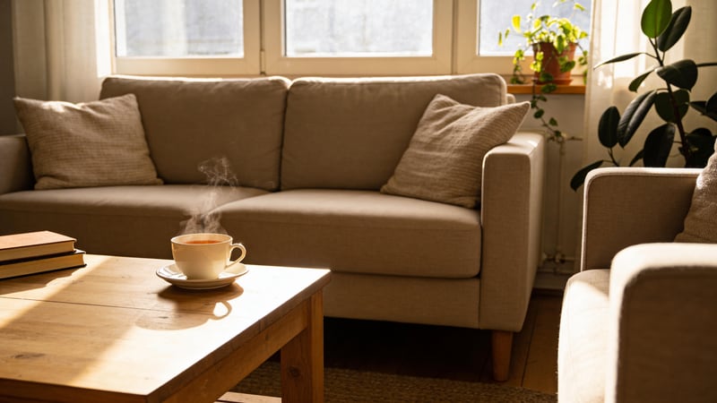 Warmes deutsches Wohnzimmer im Nachmittagslicht — Hausrat geschützt mit der Barmenia Hausratversicherung