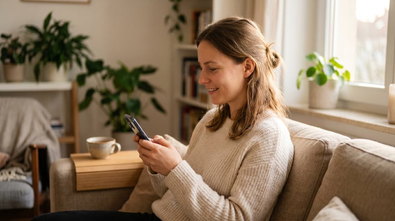 Junge Frau auf Sofa mit Smartphone in der Hand — BarmeniaGothaer Versicherungen online beantragen