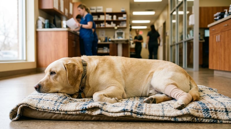 Labrador ruht in warmer Tierklinik mit Verband am Hinterbein — symbolisches Bild für die Kreuzbandriss-OP