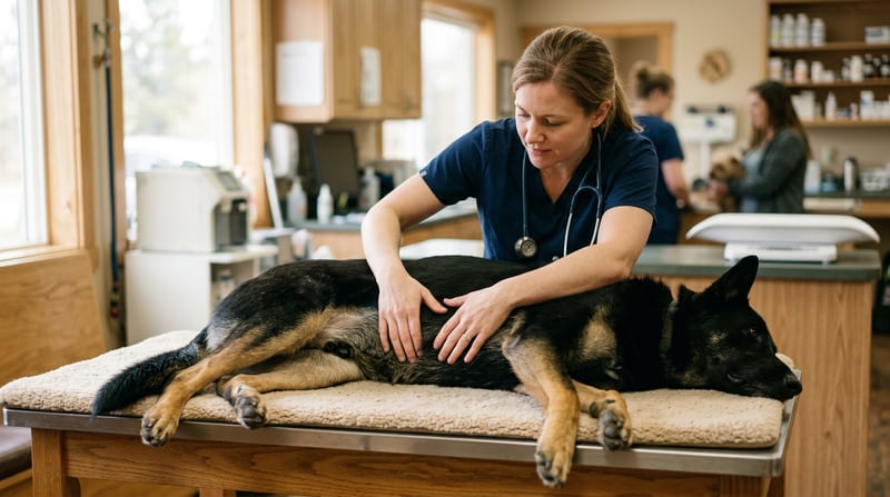 Tierarzt untersucht behutsam Bauch eines großen Hundes — symbolisches Bild für die Magendrehung-Notfall-OP