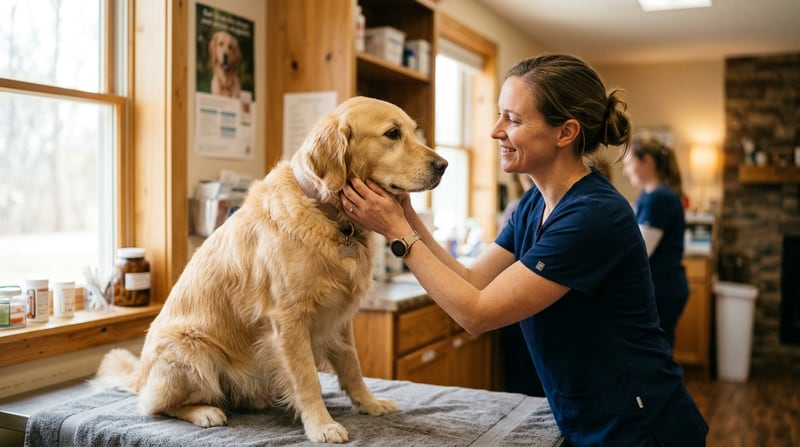 Tierarzt und ruhiger Hund während Untersuchung in warmer Tierklinik — symbolisches Bild für die Tumor-Operation