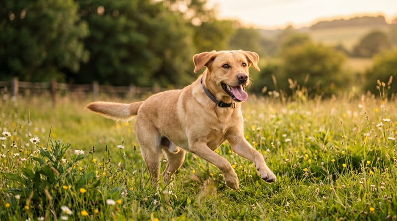 Glücklicher goldener Labrador läuft entspannt durch eine sonnige Sommerwiese — gesunder Alltag dank Barmenia Hunde-OP-Versicherung
