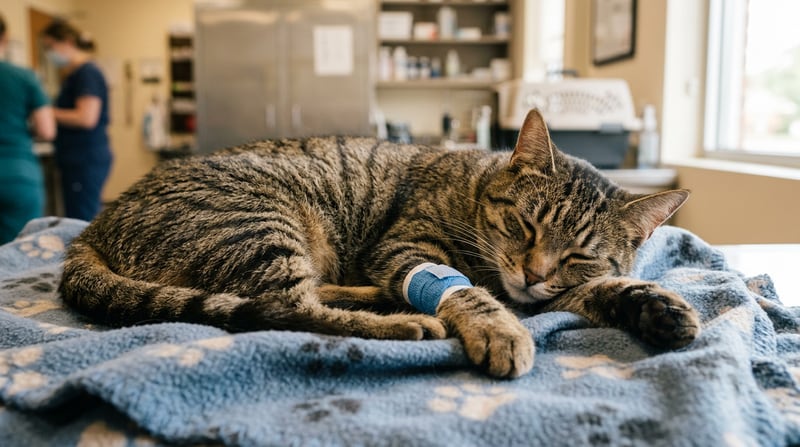 Erwachsene Katze ruht in warmer Tierklinik mit Verband an der Pfote — symbolisches Bild für OP nach Knochenbruch