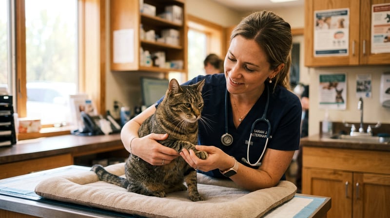 Tierarzt und ruhige Katze während Untersuchung in warmer Tierklinik — symbolisches Bild für die Tumor-Operation