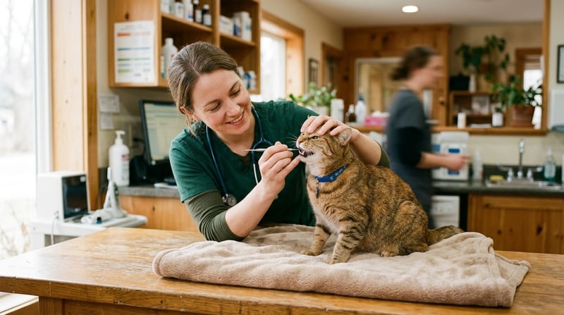 Tierarzt untersucht behutsam Zähne einer ruhigen Katze in warmer Klinik — symbolisches Bild für Zahn-OP bei FORL