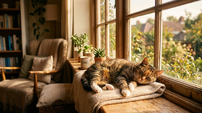 Adulte Katze entspannt auf einem Fensterbrett im warmen Sonnenlicht — symbolisches Bild für eine erwachsene Katze