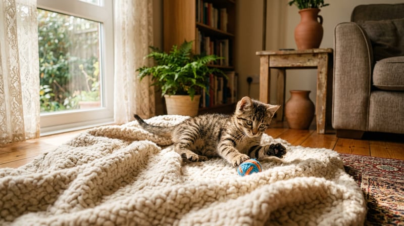 Junges Kätzchen auf einer warmen Decke — symbolisches Bild für ein Kitten ab 8 Wochen