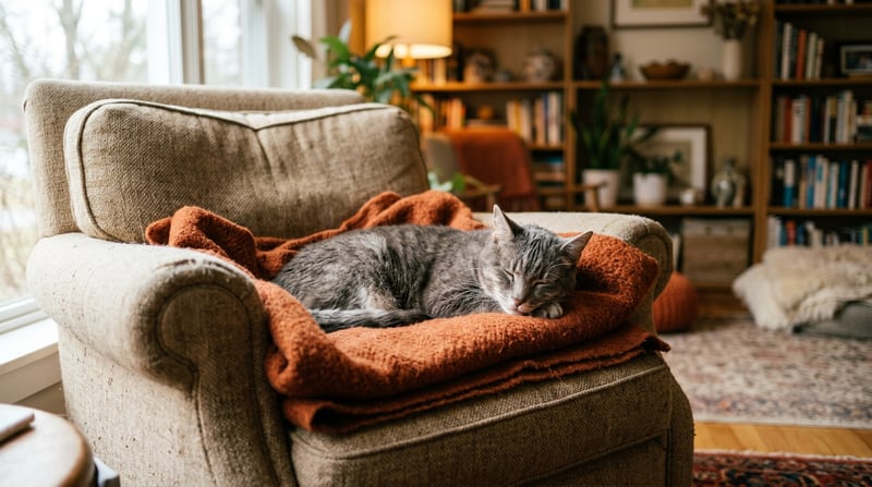 Seniorkatze ruht würdevoll auf einem weichen Polster — symbolisches Bild für eine ältere Katze