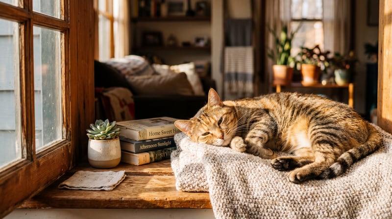 Glücklich entspannte Katze döst auf einem gestrickten Kissen an einem sonnigen Fensterbrett — geborgener Alltag dank Barmenia Katzen-OP-Versicherung