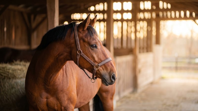 Chestnut-Warmblut mit weichem Lederhalfter steht ruhig im Stall — symbolisches Bild für die Lahmheits-Diagnostik vor OP