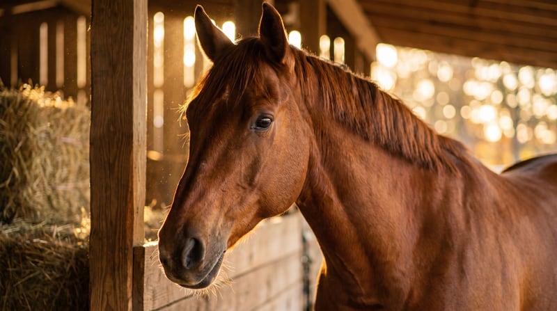 Sanftes Chestnut-Warmblut steht ruhig in einem warm beleuchteten Stall — symbolisches Bild für die Kolik-Notfall-OP