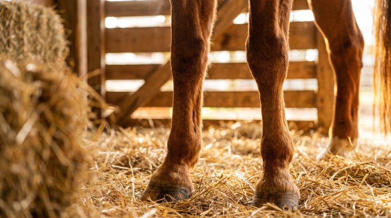Detailaufnahme der Vorderbeine und Hufe eines Chestnut-Warmblut auf goldenem Stroh — symbolisches Bild für die OC/OCD-Gelenk-OP