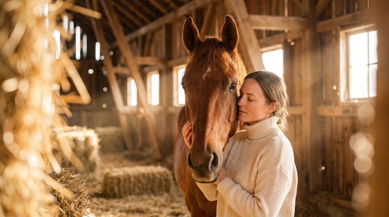 Pferdehalterin im warmen Stalllicht lehnt liebevoll an einem Chestnut-Warmblut, eine Hand sanft an dessen Wange — Vertrauen in die Barmenia Pferde-OP-Versicherung