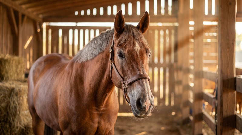 Älterer Chestnut-Warmblut mit silbergrauer Patina an Mähne und Maul, würdevolle Stallhaltung — symbolisches Bild für ein älteres Pferd 15–19 Jahre