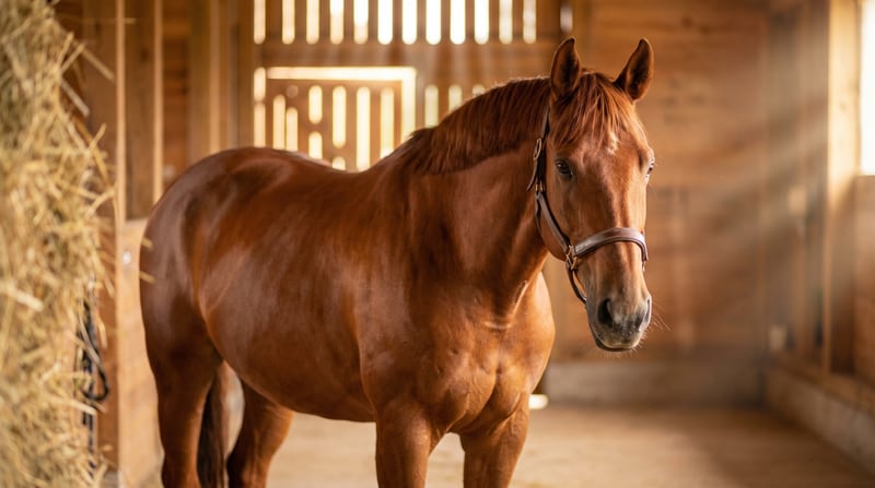 Kraftvoller reifer Chestnut-Warmblut mit Lederhalfter in warmer Stallbox — symbolisches Bild für ein Pferd im Hauptalter 8–14 Jahre