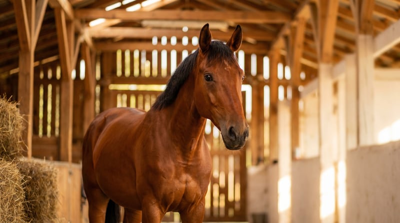 Junger schlanker Chestnut-Warmblut, ungebunden in heller Stallhalle — symbolisches Bild für ein junges Pferd 3–7 Jahre