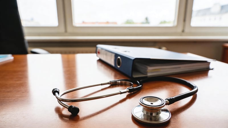Stethoskop und Patientenakten liegen ruhig auf dem Holzschreibtisch einer modernen Praxis, weiches Tageslicht — selbstbestimmt versichert mit der BarmeniaGothaer Privaten Krankenversicherung