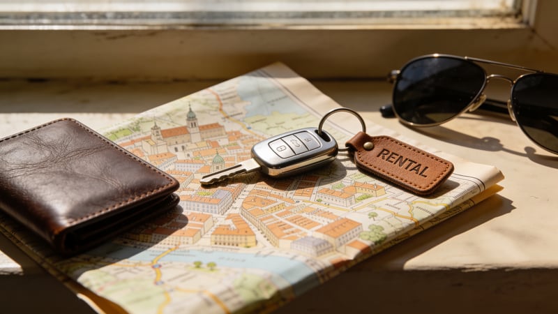 Mietwagen-Schlüssel mit Lederanhänger auf vintage Stadtkarte, Sonnenbrille daneben — abgesichert mit der Barmenia Reise-Haftpflichtversicherung