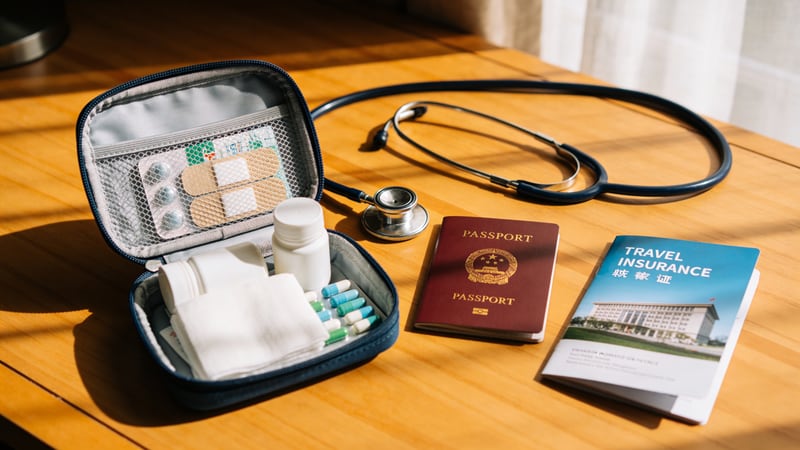 Reise-Apotheke mit Stethoskop und Reisepass auf warmem Holzschreibtisch — abgesichert mit der Barmenia Reisekrankenversicherung