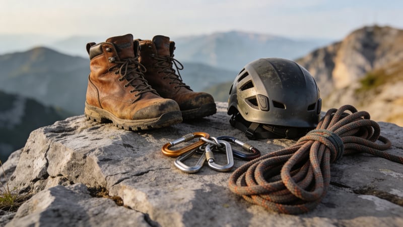 Wanderschuhe, Klimm-Helm und Karabiner auf Felsboden im Morgenlicht — abgesichert mit der Barmenia Reise-Unfallversicherung