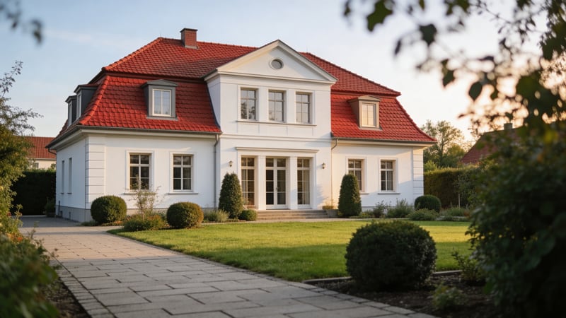 Modernes deutsches Einfamilienhaus mit gepflegtem Garten im warmen Nachmittagslicht — abgesichert mit der BarmeniaGothaer Wohngebäudeversicherung