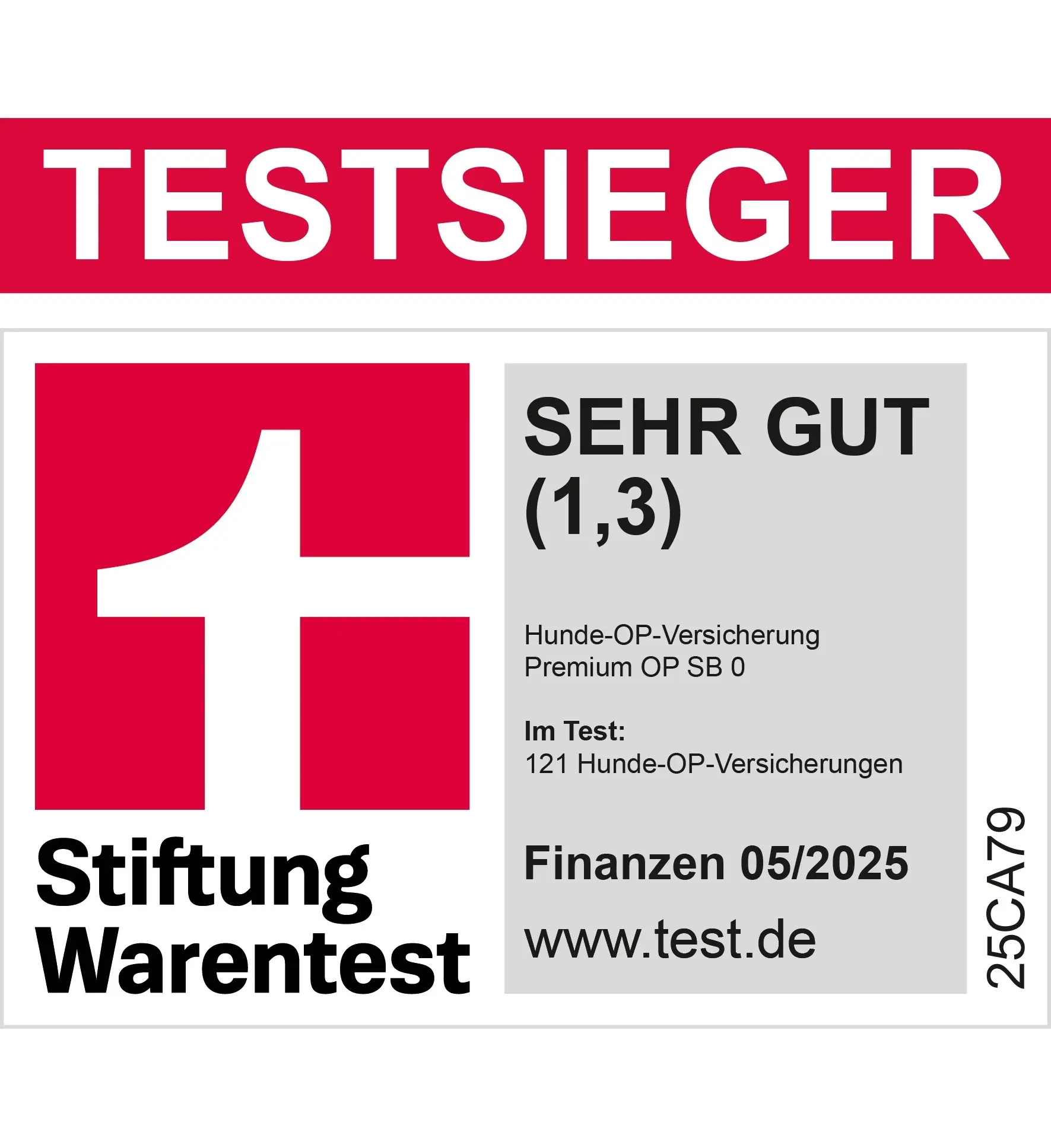 Stiftung Warentest TESTSIEGER — SEHR GUT (1,3) für die BarmeniaGothaer Hunde-OP-Versicherung Premium OP SB 0, Finanzen 05/2025